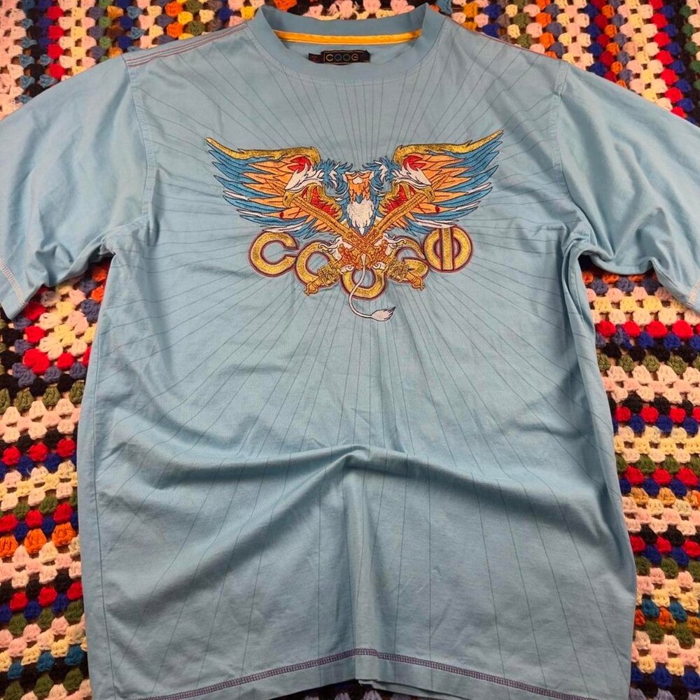Vintage COOGI T-Shirt – Blue – Embroidered Eagle Sword Graphic – Size Large